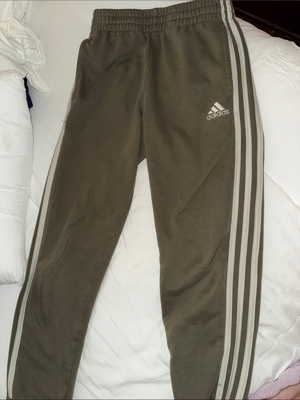 adidas Olive Green Kids Joggers with White Side Stripes